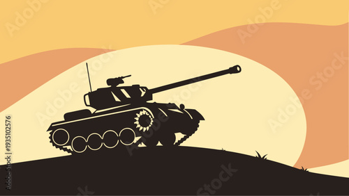 Generic armored tan tank silhouette vector on a desert hill at sunset with orange background
