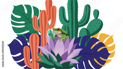 A vibrant illustration showcasing a charming frog perched delicately on a purple succulent, surrounded by colorful cacti and lush tropical leaves.
