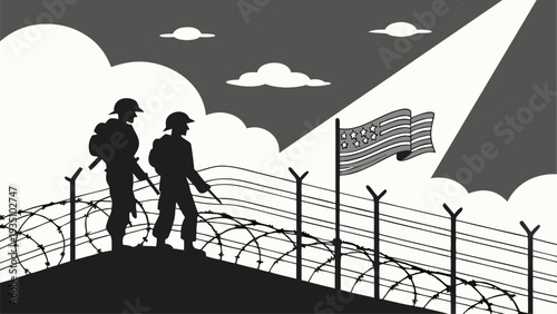 Two generic soldiers standing behind barbed wire fence with american flag waving