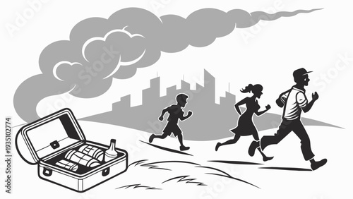 Civilians fleeing cityscape with smoke carrying emergency kit