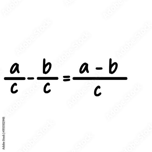 Fraction subtraction formula isolated on white background mathematics equation handwritten in simple educational style illustration.
