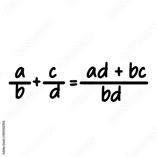 Fraction addition different denominators formula isolated on white background mathematics equation handwritten in educational style illustration.
