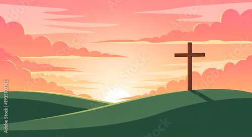 Christian Cross Silhouette on Hilltop at Sunrise with Dramatic Clouds.
