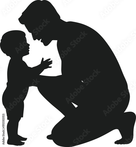 Father kneeling to child reaching up black silhouette vector family love