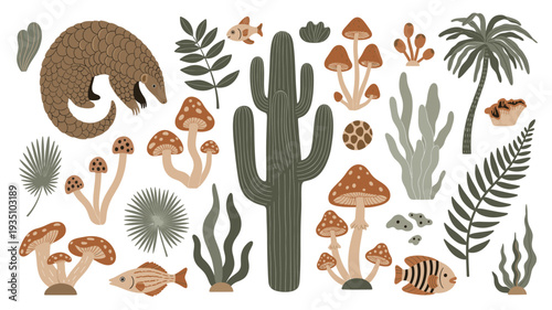 A charming collection of hand-drawn pangolin, fish, cacti, mushrooms, and various plants, perfect for whimsical nature-themed designs and illustrations.
