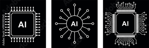Artificial intelligence chip and neural network icons set futuristic AI technology processor vector illustration