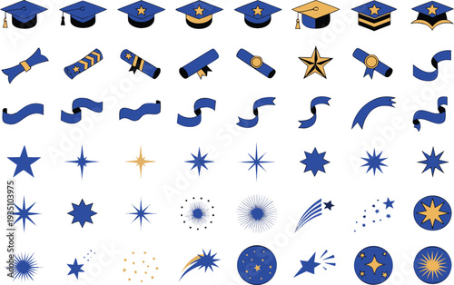 Creative collection of graduation and celestial-themed icons with caps, stars, and comets