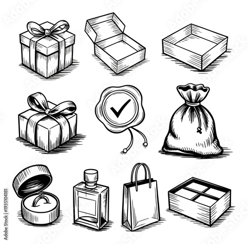 Gift Packaging Vector Illustration Set Black White