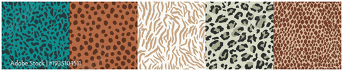 Set of seamless exotic animal skin patterns featuring cheetah spots and zebra stripes in various colors