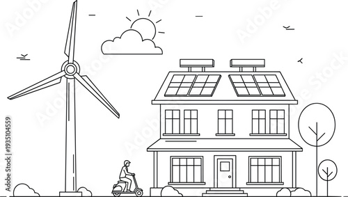 Renewable energy house with wind turbine and solar panels eco friendly home vector illustration line design