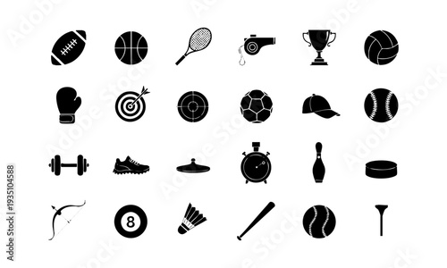 Flat black sport equipment glyph icons in clean alignment vector illustration, easily editable.