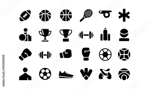 Solid monochrome sports symbol icons isolated on white vector illustration, easily editable.