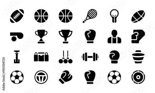 Black sports glyph icon set in clean 4x6 grid layout vector illustration, easily editable.