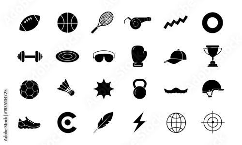 Minimal black sport equipment glyph icons collection vector illustration, easily editable.
