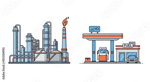 Oil Refinery and Gas Station Illustration.