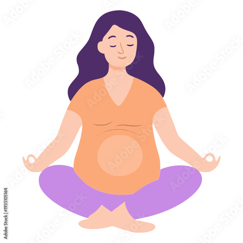 young pregnant beautiful woman yoga lotus position flat color vector illustration template design