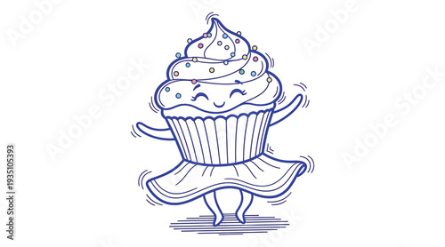 A cheerful cartoon cupcake with a swirly frosting and a smiling face