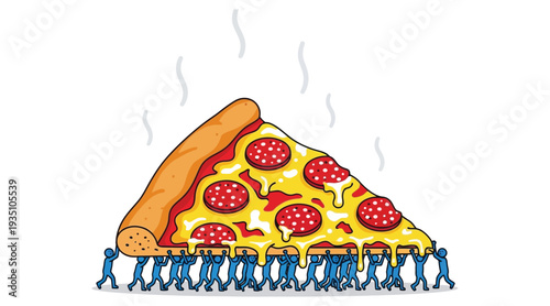 A cartoon slice of pepperoni pizza with a comically long crust and a group of tiny people underneath