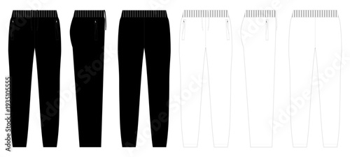 Men Jogger Pants Technical Drawing Front Side Back View Set