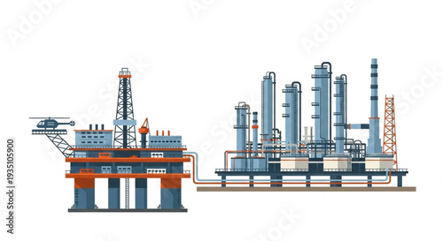 Oil Refinery and Offshore Platform Illustration.