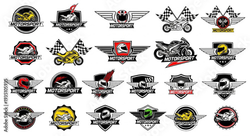 Motorcycle racing emblems and logos collection, perfect for sports teams and events.