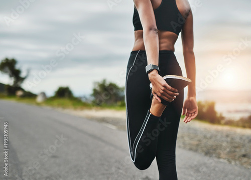 Fotografie Back, stretching and woman in street, fitness for health benefits and routine for training