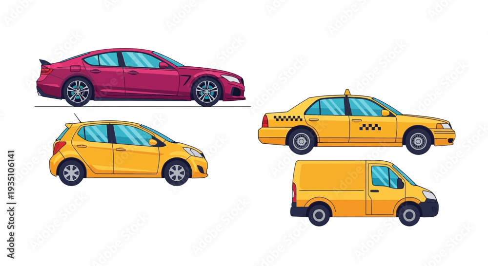 Fototapeta premium Illustrated collection of various cars in diverse colors on white background