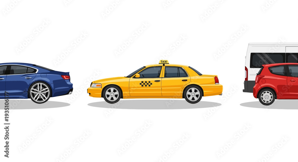 Fototapeta premium Illustrated vehicles blue sedan yellow taxi and red hatchback against white