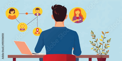 Efficient Remote Work Concept: Businessman Networking and Online Collaboration via Laptop Illustration in Flat Design Style