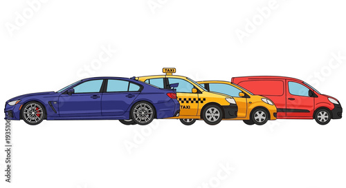 Illustrated fleet of modern vehicles isolated on white background