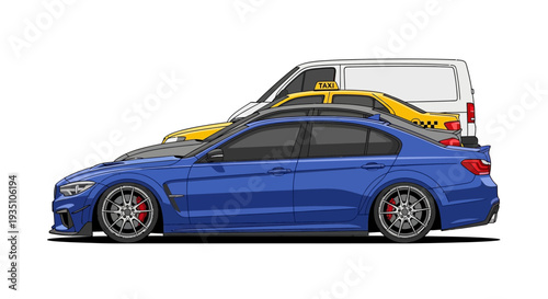 Illustrated vehicles blue sedan yellow taxi and white van in side view