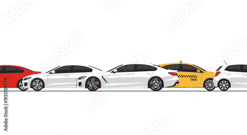 Modern cars in a row against white background for design or editorial use