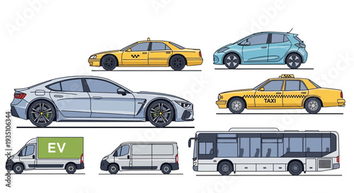 Modern vehicle fleet illustration showing diverse car and transportation types