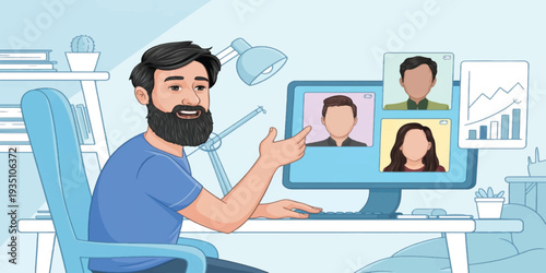 Professional Man Leading Remote Team Video Conference Call Concept Flat Vector Illustration for Business and Freelance