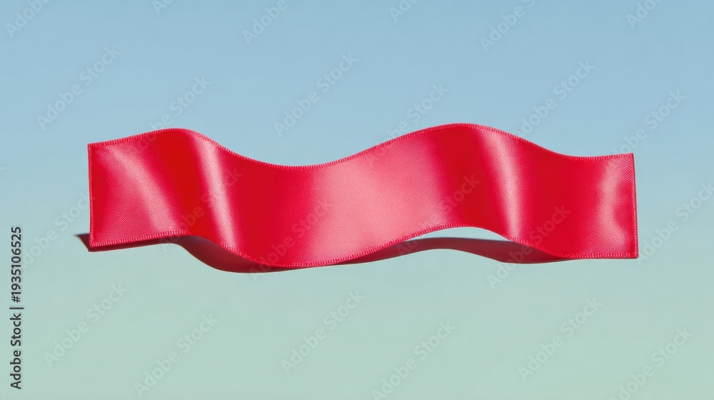 Obraz premium Wavy Red Ribbon Floating over Blue Gradient Background with Copy Space, Minimalist Fabric Banner for Social Media Graphic Design and Marketing Promotions