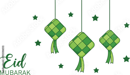Green diamond-shaped ketupat rice cakes hang suspended above the elegant cursive greeting text Eid Mubarak against a white backdrop.