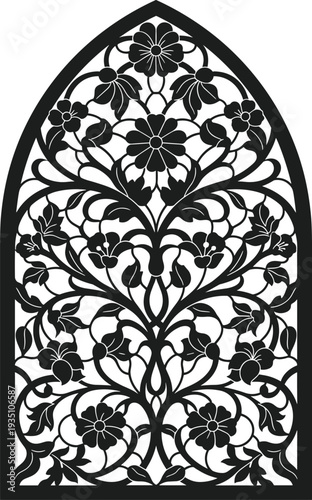 Black Stained glass Floral Arch Vector Silhouette
