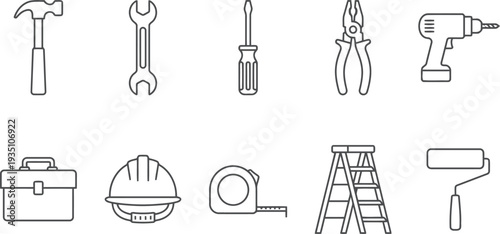Collection of simple line icons representing various construction and home repair tools.