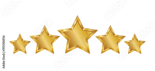 Five gold stars rating symbol with shiny metallic gradient and beveled edges, isolated on white background. Perfect for reviews, ranking, quality evaluation, and customer satisfaction concepts.