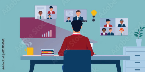 Modern Remote Work Illustration Showing a Professional Man Managing a Virtual Team Meeting and Digital Growth Analytics