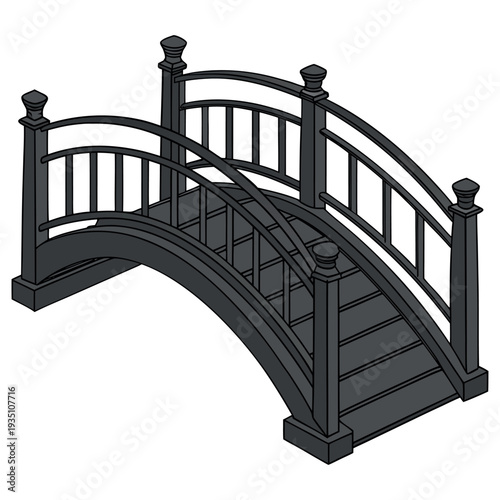 Wooden bridge over river in city park with architectural stairway elements