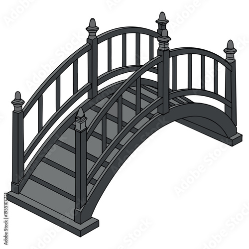 Wooden bridge in the fog with stairway style architecture and metal railing overlooking.