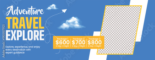 Travel Agency Promotional Website Header Banner Template for Summer Holiday Vacation, Tourism Marketing, Social Media Cover, Trip Booking Adventure Discount Design