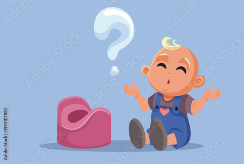 Confused Toddler Sitting by a Pink Potty Training Vector Illustration. Child having questions about being more independent going to the bathroom 