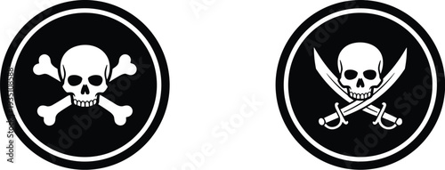 Silhouette emblems featuring skull with crossed bones and skull with crossed swords, symbolizing piracy, danger, warning, and combat themes.