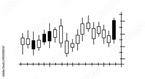 Candlestick chart displays fluctuating market data using alternating black and white rectangular bars with vertical wicks against a simple axis scale.