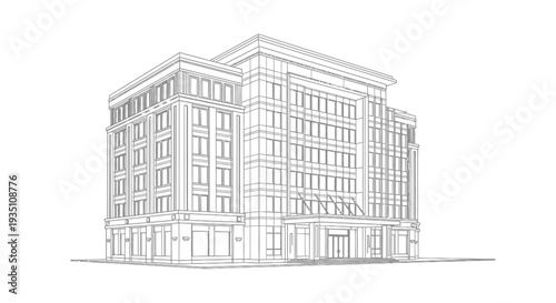 Architectural sketch drawing outlines a multi-story commercial office building facade with detailed window patterns and a central entrance canopy structure.