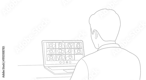 Back view of a person sitting at a desk observing a laptop screen displaying multiple participants in a grid format during a remote video conference call.