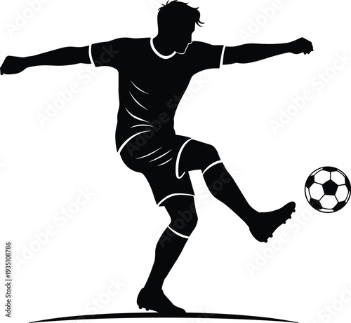 Silhouette illustration of soccer player kicking ball mid-action, symbolizing athleticism, motion, teamwork, competition, energy, and dynamic sports performance.