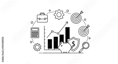 Financial growth is depicted by rising bar charts surrounded by icons representing investment security, calculation, targets, and professional briefcases.